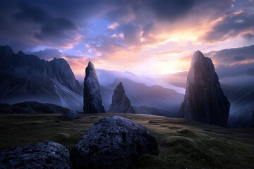 Poster - A mountain range with three large rocks and a beautiful sunset in the background