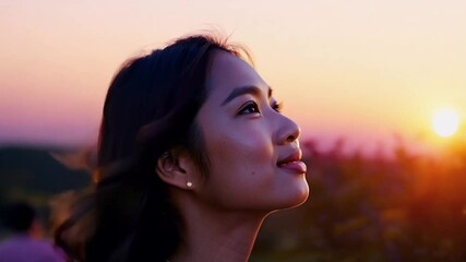 Canvas Print - Young woman looking up at a sunset sky