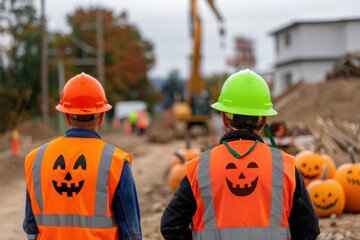 construction workers wearing halloween-themed safety vests with pumpkins in the background, celebrat