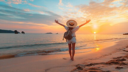 Wall Mural - Person standing on a beach with arms outstretched, facing the ocean at sunset, wearing a hat and backpack, against a colorful sky.