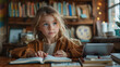 © LiezDesign - A young child sitting at a desk surrounded by books -  child learning concept.