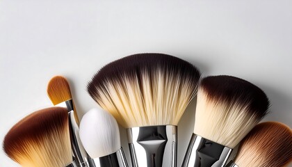 White background isolates a set of makeup brushes, tools for applying cosmetic color to the face