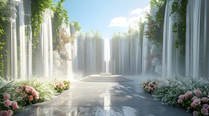 There is a yard in the center, a podium for wedding ceremonies in the middle of the yard, and beautiful flowers with large amounts of flowers, roses, and lilies are placed on both sides