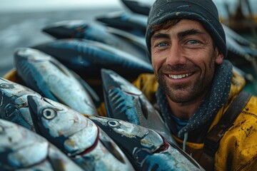 Smiling proudly, a fisherman presents his fresh catch of fish, a depiction of satisfaction and endurance in the traditional lifestyle of a seafaring laborer.