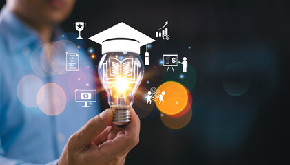 Education knowledge, Elearning graduate certificate program concept. Man hold book icon in lightbulb graduation hat. Study knowledge, creative thinking idea, online training qualify, degree solution