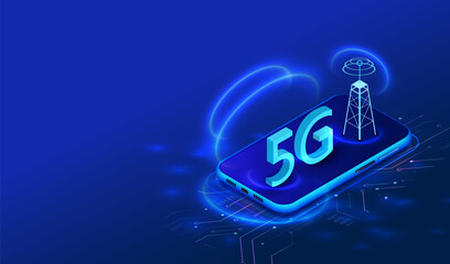 Wall Mural - 5G internet network communication with mobile phone and tower wireless hi-speed on circuit board isometric background. 5G 3d symbol with light speed. Vector illustration.