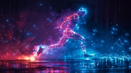 Wall Mural - Futuristic neon silhouette of a running athlete on a black background. Illustration