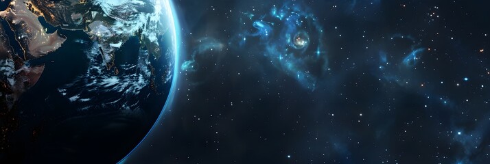 Wall Mural - An image showing Earth from space with a starry cosmos background, illustrating a space exploration concept. 