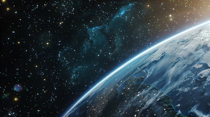 Wall Mural - An image showing Earth from space with a starry cosmos background, illustrating a space exploration concept. 