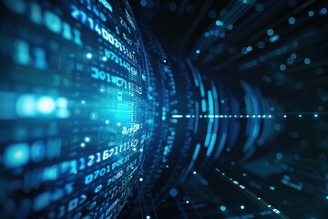 Abstract digital data flow concept with blue binary code and futuristic technology for communication and information technology backgrounds.
