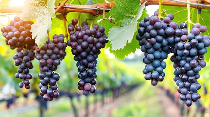 A close-up image of bunches of ripe red grapes growing on a vine in a vineyard