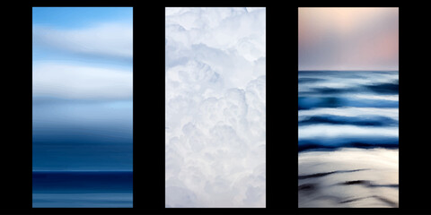 Triptyque artistique sur le thème de la nature avec un fond de ciel et mer de jour, un fond de nuage blanc et un fond de bord de mer au couché du soleil.