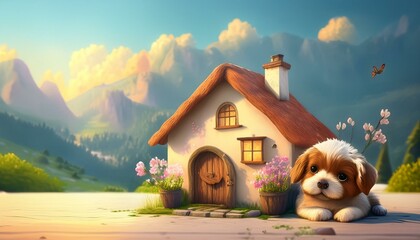 Wall Mural - dog in a garden house dog in the house.house, home, cartoon, vector, illustration, building