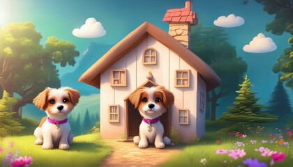 Wall Mural - dog in a garden house dog in the house.house, home, cartoon, vector, illustration, building