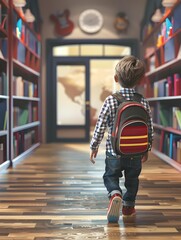 Back view of a boy kid entering the classroom with his backpack , back to school concept image