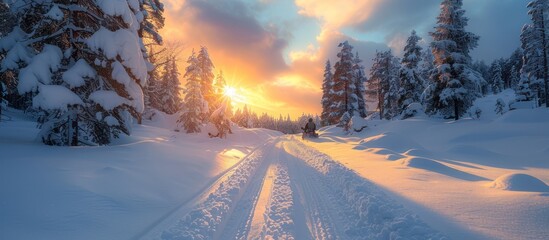 Wall Mural - Snowmobile Ride Through a Snowy Forest at Sunset