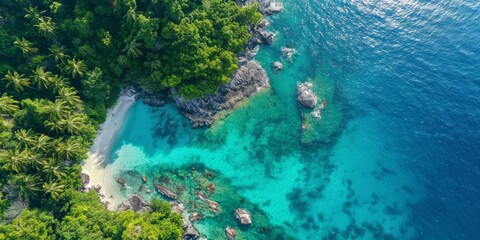 Wall Mural - A beautiful blue ocean with a rocky shoreline and a lush green forest in the background. The water is calm and clear, and the sky is a bright blue. The scene is serene and peaceful