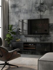 Wall Mural - Cabinet for TV wall mounted with armchair in living room with a concrete wall