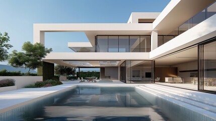 Wall Mural - Modern luxury house with large glass windows, outdoor living areas, and a swimming pool surrounded by minimalist landscaping under a clear blue sky.