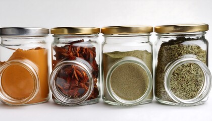 Isolated glass spice jars filled with colorful powders and whole seeds for healthy and flavorful cooking