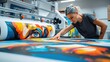 © Natalia - A person working with a large format printer, inspecting vibrant, colorful prints featuring abstract art.