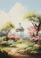 A serene garden scene with a stone gazebo, blooming flowers, and a winding path leading to a peaceful retreat.