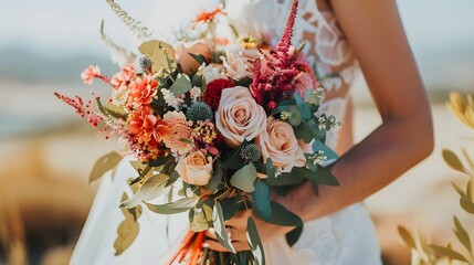 Wall Mural - Close up on a bride holding a bouquet of flowers