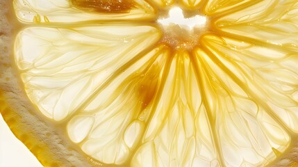 closeup of a lemon slice, botanical fruit, detailed photography, bright yellow, isolated on white background