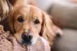 © StockUp - Close-up of a cozy dog and owner in a knitted sweater, enveloped in warm, soft lighting for a comforting, homely feel.