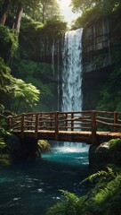 Wall Mural - Digital illustration of a wood bridge in a deep forest near a waterfall, designed in a realistic cartoon style