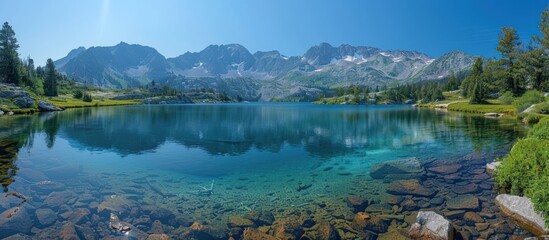 Wall Mural - Crystal Clear Mountain Lake with Majestic Peaks