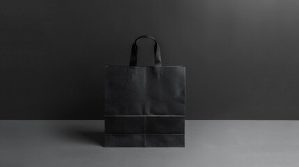 Black Paper Bag on Grey Background.