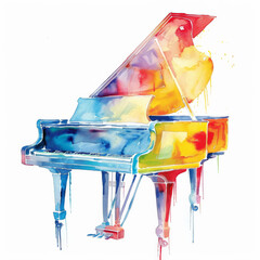 A colorful watercolor illustration of a grand piano, featuring a rainbow spectrum of colors and delicate brush strokes, isolated on white background.