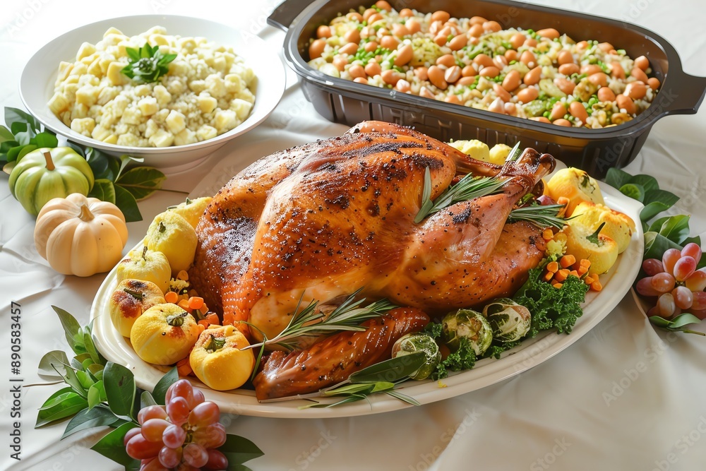 Roasted turkey with stuffing and side dishes for Thanksgiving dinner ...