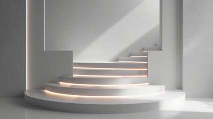 Sticker - A white staircase with a white wall in the background. The staircase is lit up with a light blue color