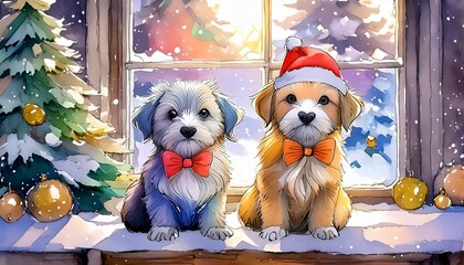 Poster - Christmas with puppy and a christmas tree and gift 