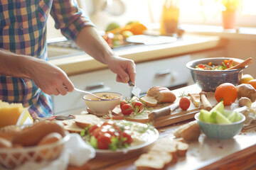 Wall Mural - Person preparing a meal in a bright kitchen with fresh vegetables, bread, and various ingredients on the countertop