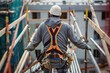 © Parkpoom - A construction worker on a high scaffold or rooftop, wearing a harness and fall protection gear.