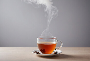  Close-up shot of the steam rising from a cup of hot tea. 