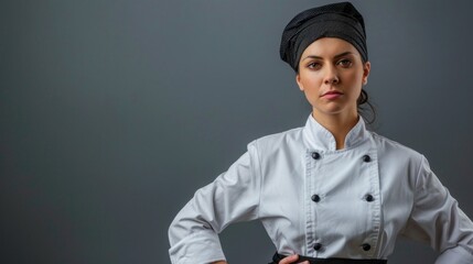 Wall Mural - A woman chef stands in front of a grey background, wearing a white chef's coat