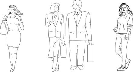 Poster - Vector silhouette illustration sketch, detailed design drawing of simple casual people carrying out work activities in formal clothes 