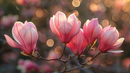 Wall Mural - Pink Magnolia Flowers Blooming in Sunlight