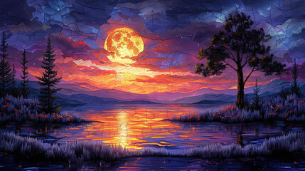 Wall Mural - A stunning stained glass artwork depicting a serene landscape with a glowing full moon and vibrant sunset over a calm lake., Lavender.
