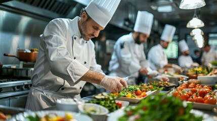 Wall Mural - A chef is preparing food in a kitchen with other chefs