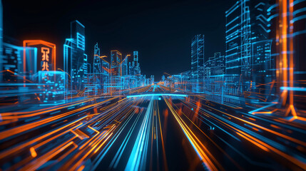 Poster - A high-tech urban scene with neon blue and orange lines outlining modern buildings and intricate road networks. The bright lines stand out against a dark digital background.