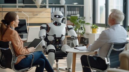 Wall Mural - Modern office meeting with two professionals and a humanoid robot, featuring contemporary furniture, a tablet, documents, and indoor plants.