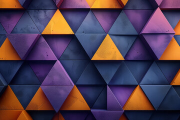 Wall Mural - Abstract geometric pattern featuring purple and yellow triangular and cubic shapes, creating a balanced composition,