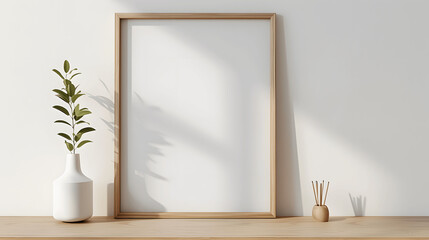 Wall Mural - White frame mockup with blank canvas on a light wood shelf, Scandinavian interior, iso A paper size, framed wall poster template, front perspective