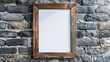 © Matthias - Wooden frame mockup with blank canvas on a grey brick wall, rustic modern, iso A paper size, framed wall poster template, front perspective