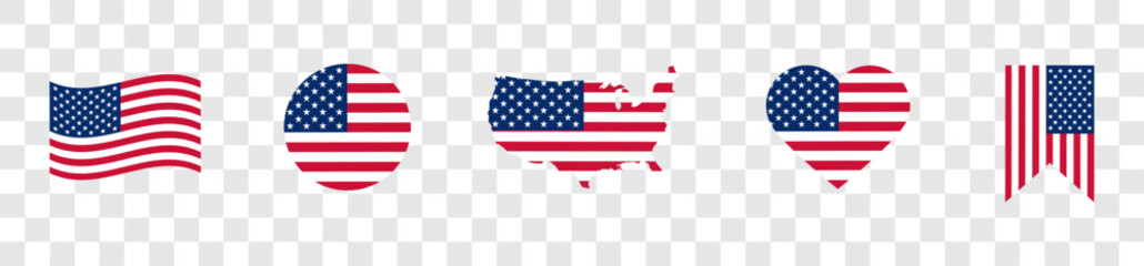 Wall Mural - USA flag icons vector set. United States of America flat badges .Flag of usa vector flat symbol collection .USA flag labels set. Set of American flag icons isolated on transparent background.